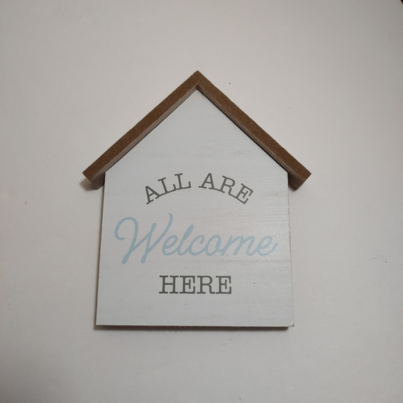 All Are Welcome Here Tabletop Home Decor Sign Plaque Freestanding White Blue - Picture 2 of 5